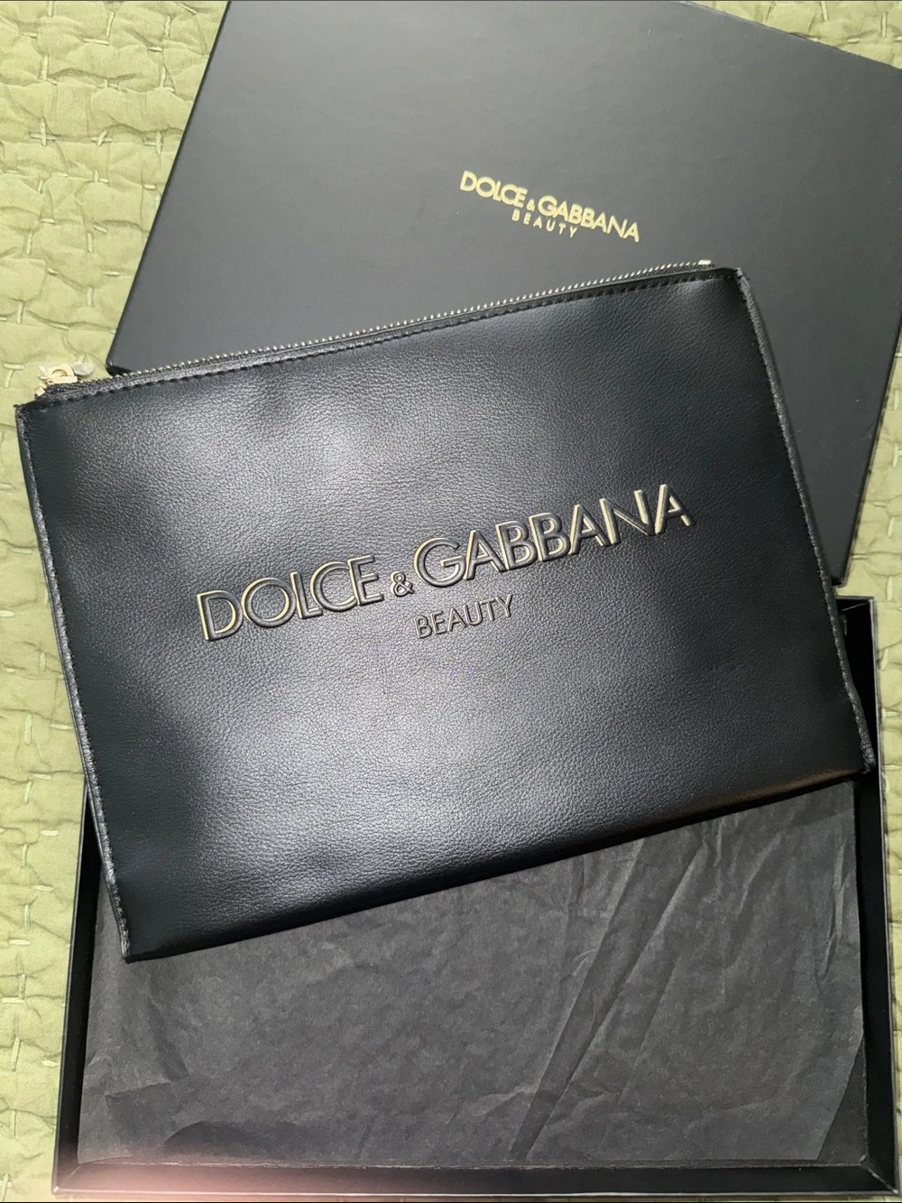 Dolce & Gabbana Black Leather Beauty Pouch with Gold Logo